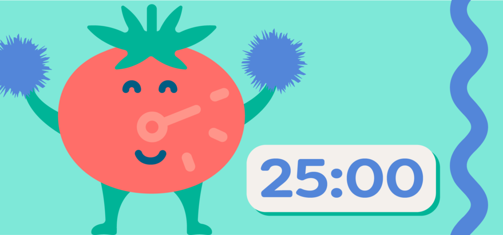 Cartoon Pomodoro timer with pompoms next to 25 minute timer