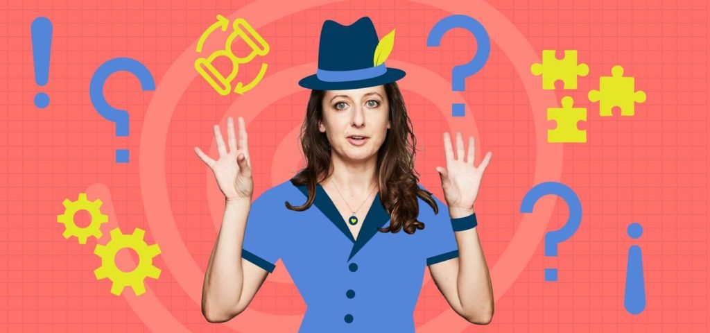 Ashley wearing a cartoon fedora surrounded by question marks, over thinking puzzle pieces